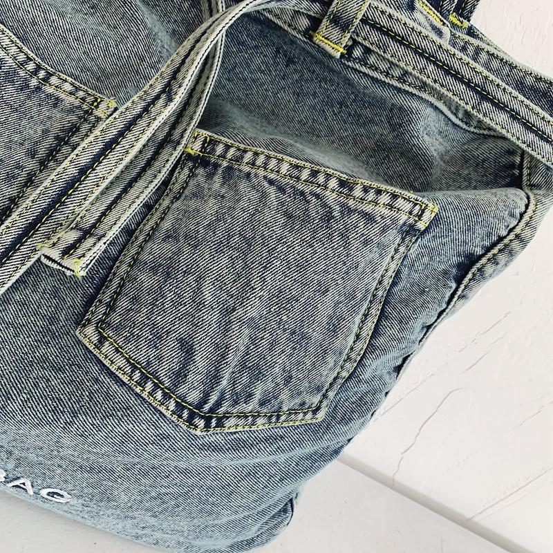 Stylish Denim Tote Bag for Women – Classic Jeans Design with Front Pockets and Embroidered Logo, Perfect for Casual Use