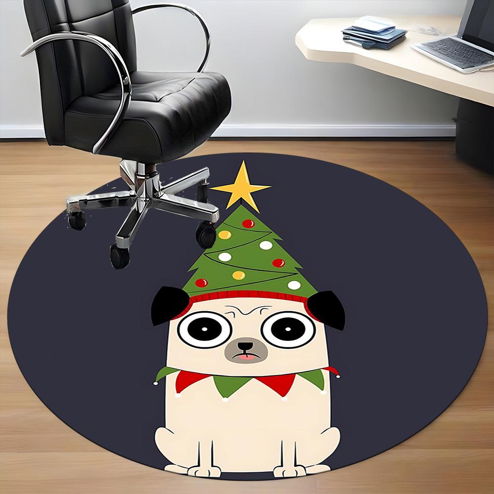 1pc Christmas Pug Office Round Area Rug, Indoor Mat Suitable ForOffice, Under Office Chairs Bedroom Living Room Home Decor, Room Deco T117