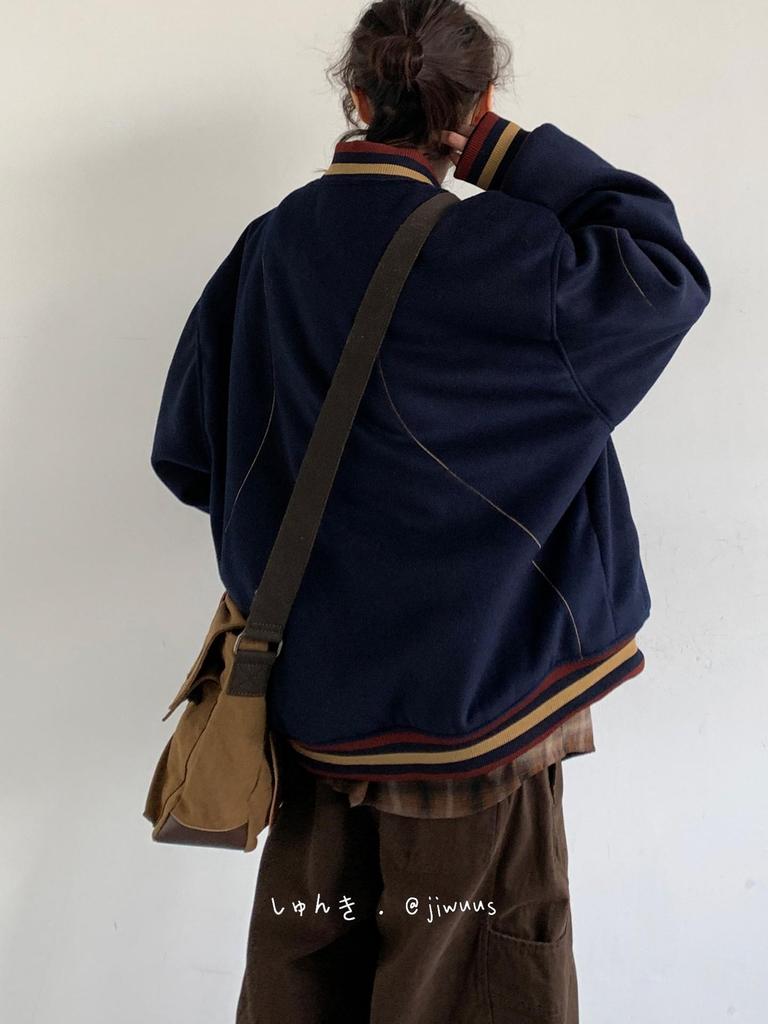 Unisex Japanese Retro Color Block Wool Baseball Jacket, Autumn/Winter Academy Style