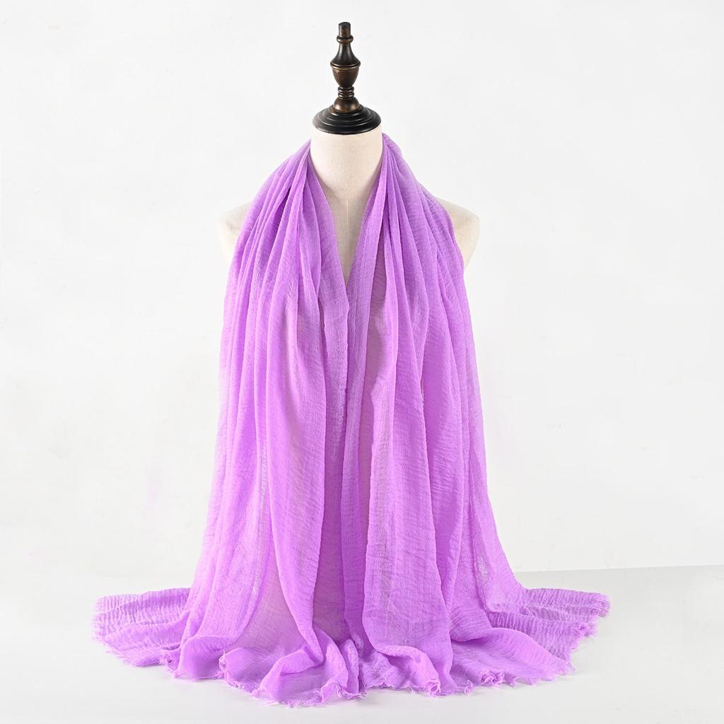Crinkled Cotton-Linen Blend Scarf with Fringe - Solid Color, 90x180cm, Women's Headscarf
