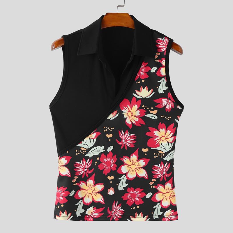 INCERUN Herren Revers Ärmellos Patchwork Blumendruck Lässig Dünne Tanktops