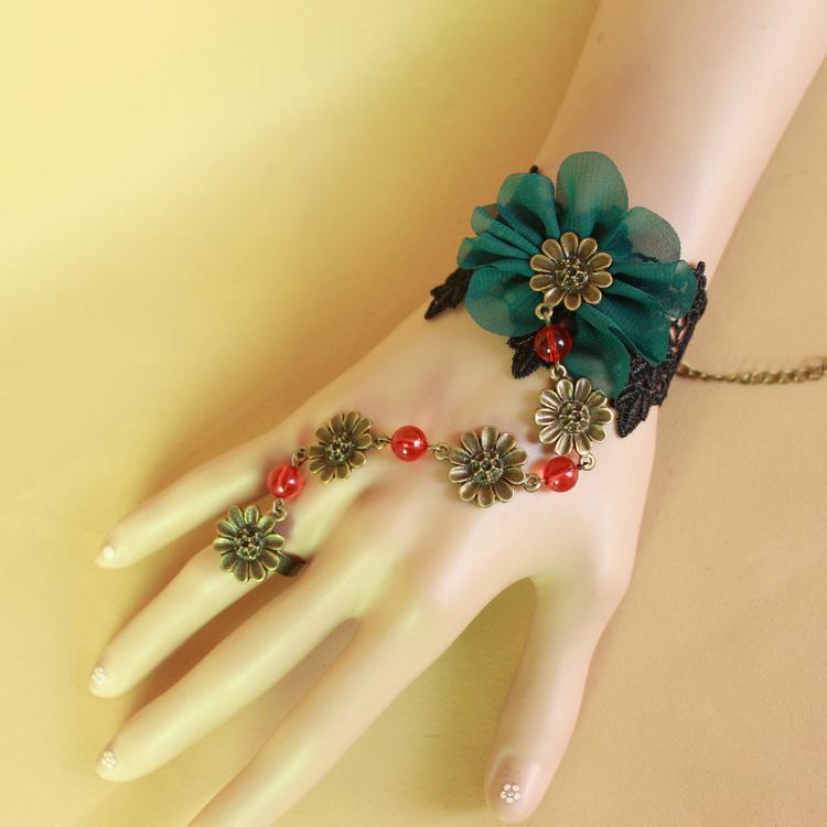Gothic Peacock Green Lace Hand Jewelry: Chiffon Flower Bracelet with Red Crystal Ring for Women