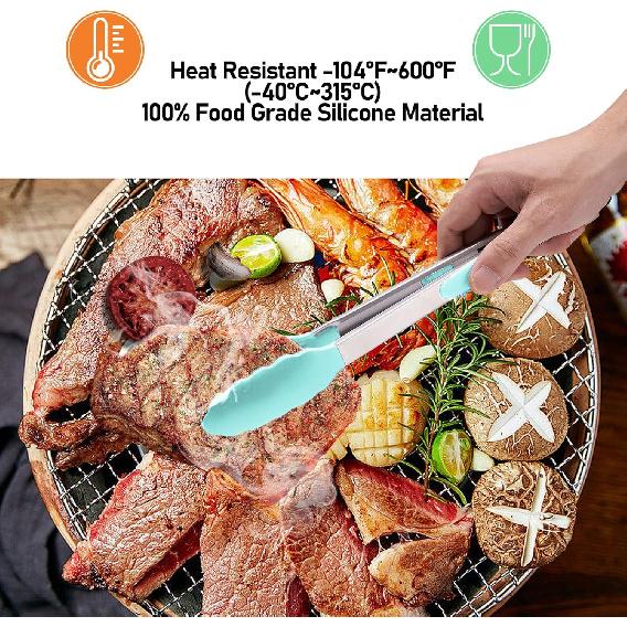Silicone Non-SlipTongs for Cooking, 430 Steel Table Tongs for Kitchen Salad, Pasta, Grilling, BBQ, Heat Resistant Tip, Strong Grip for Meat Sky Blue