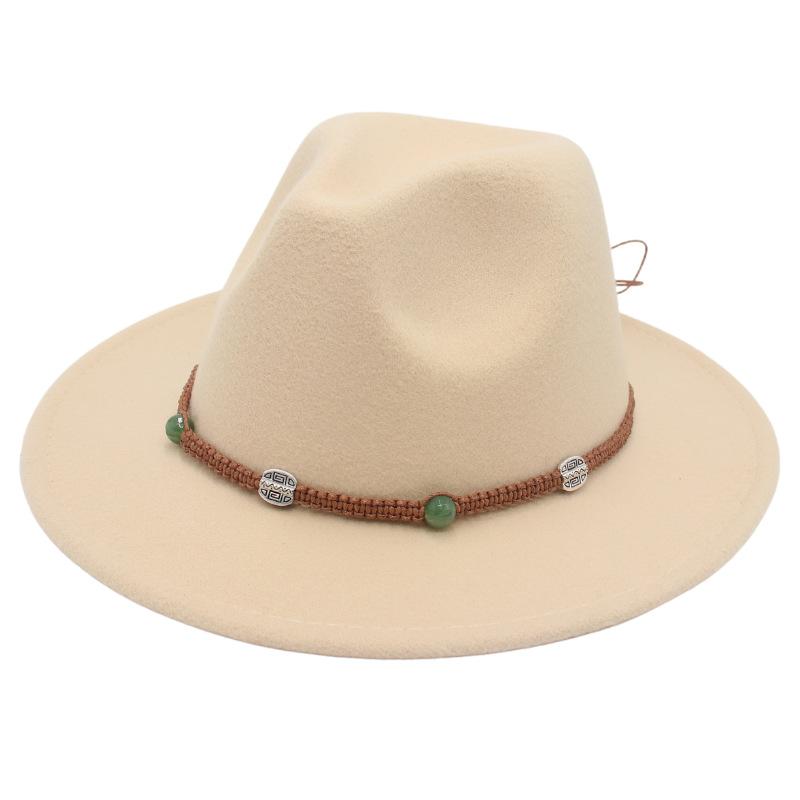 2023 New Top Hat Jade Accessories Woven Fleece Belt Foreign Trade Jazz Hat Big Eaves Show Small Face Big Head Circle Felt Hat