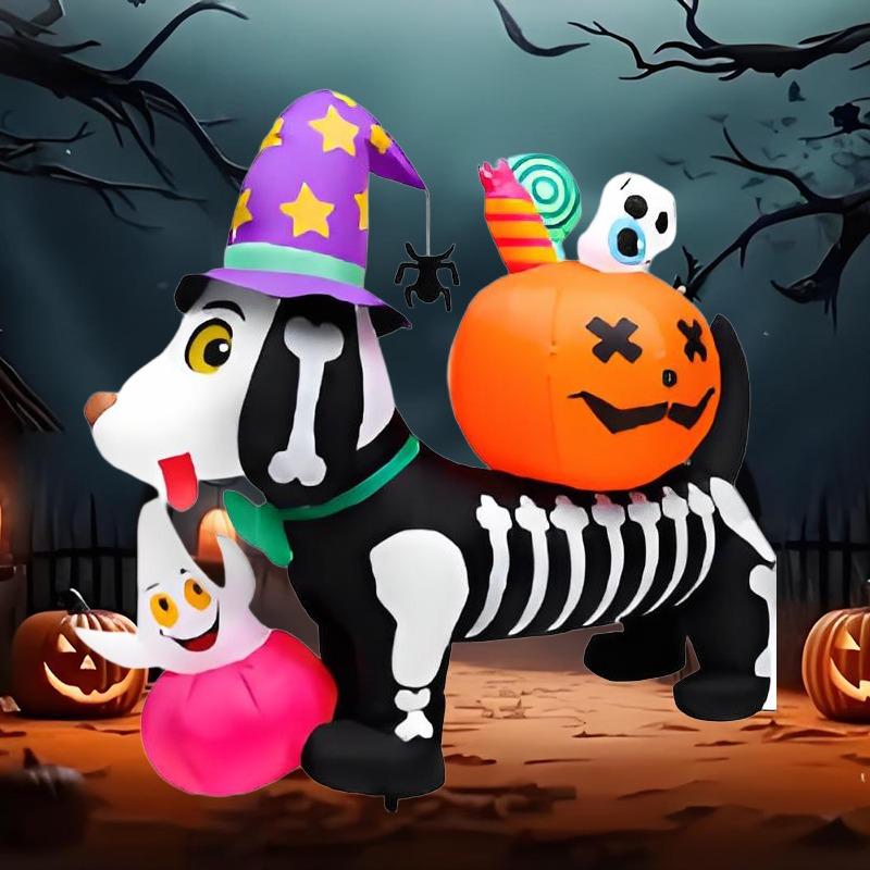 5FT Halloween Inflatable Toys Skeleton Dog with Pumpkin Decorations LED Light Up Blow Up Lawn Inflatable Model Outside Decor