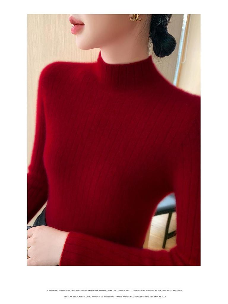 Premium Cashmere Rib-Knit Women's Slim-Fit Warm Sweater - Semi-High Neck, Thickened for Autumn & Winter.