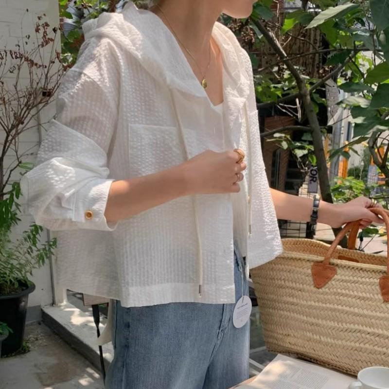 Women's Hooded Shirt Single Breasted Striped Sun Protection Cardigan Top