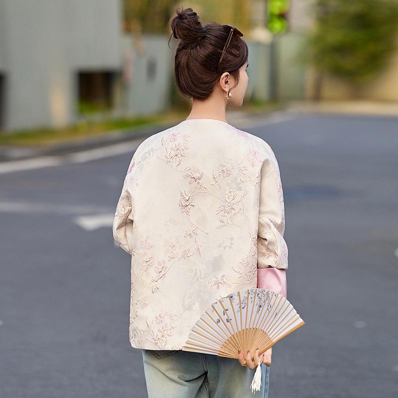 Retro Chinese Jacquard Frog Button Round Neck Jacket - Spring 2025 Collection