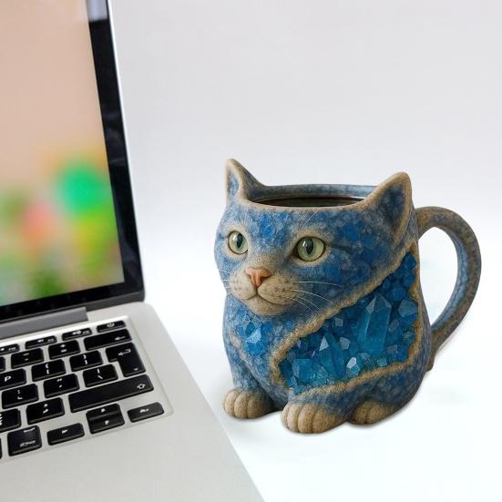 Kočičí hrnek na kávu 3D Faux křišťálová pryskyřice umělecký hrnek s ergonomickým uchem Novinka nápojové zboží Dárek pro milovníky kávy a čaje