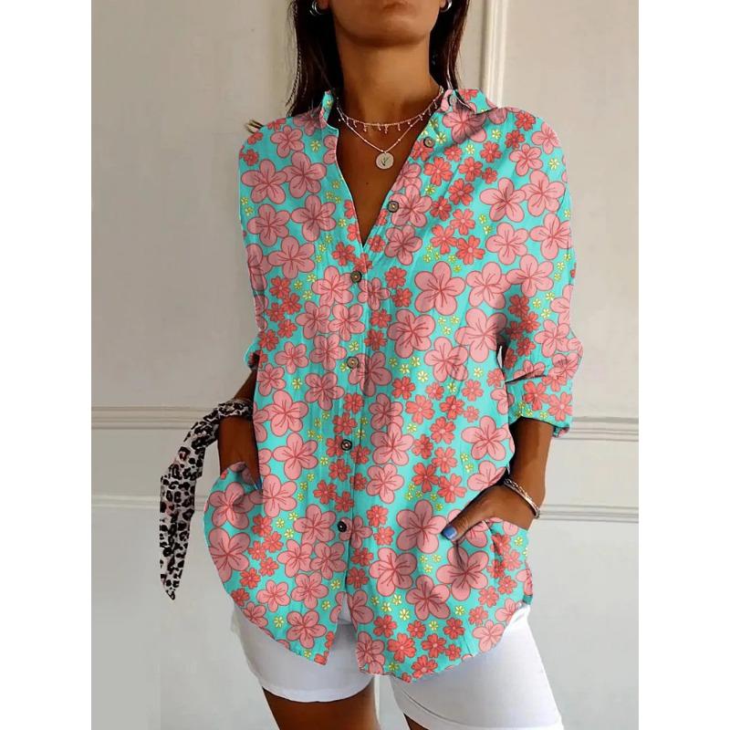 Women Casual Print Shirt Summer Elegant Long Sleeve Button Tops Shirts Womens Clothing