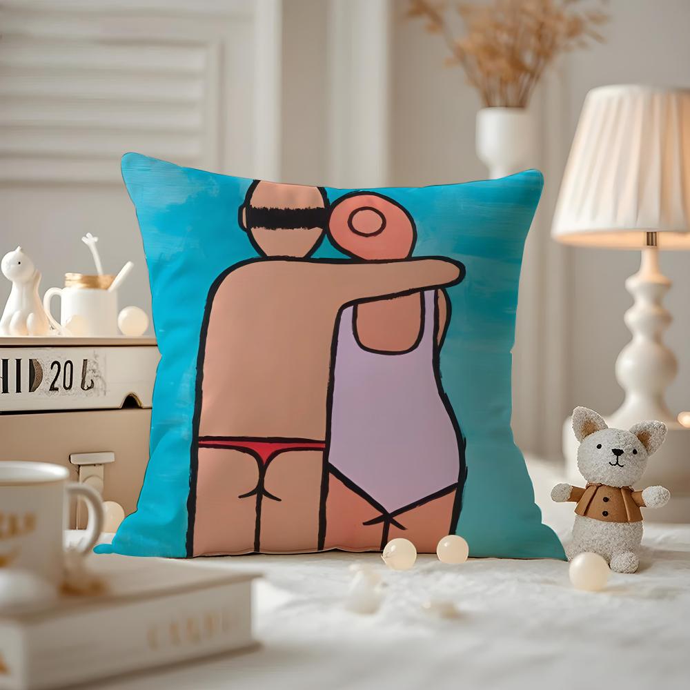 Funny FriendsCartoon Illustrations Cushion Cover Anti-dustmite Pillowcase Invisible Zipper Silky Short Plush Sofa Cushion Cover