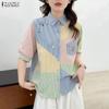 Women Casual Turn Down Collar Stripe Print Loose Short Sleeve Blouse