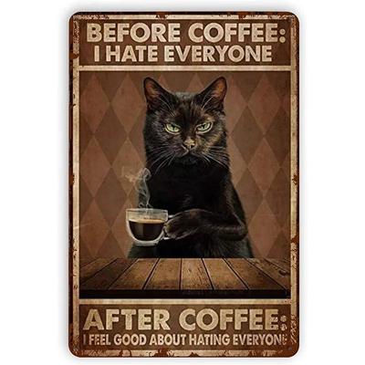 1 szt. Funny Cat Coffee metalowy znak blaszany, Vintage znaki kuchenne, dekoracje ścienne, dekoracje Home Bar Cafe, plakat artystyczny, 8x12 cali, przed