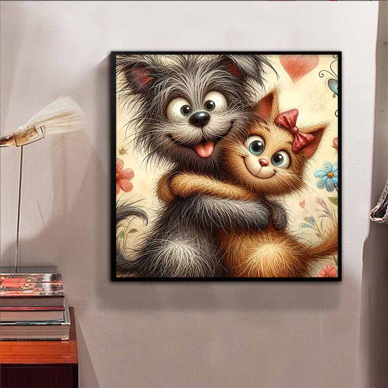 New Arrival 5D DIY Full Circle Diamond Painting "Cat and Dog Hug" Embroidery Cross Stitch Home Decor Gift