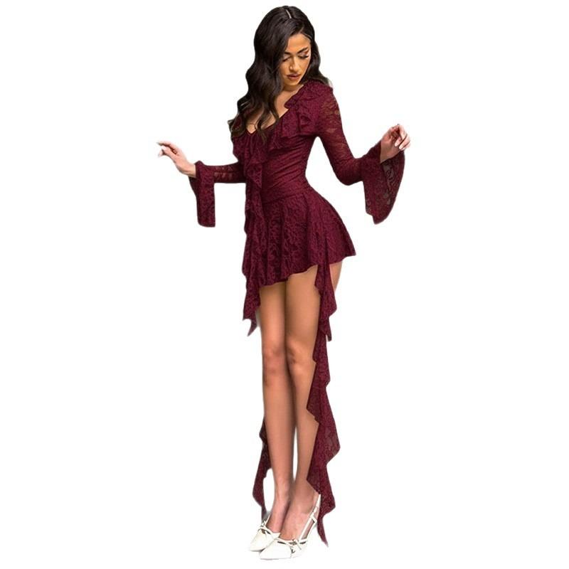Women S Sexy Lace Deep V Neck Ruffle Slimming Evening Dress