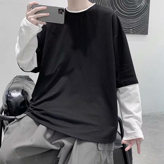 Men T-shirt Fake Two Pieces Long Sleeves O Neck Contrast Color Sweatshirt Warm Casual Plus Size Soft Hip Hop Men Top for School