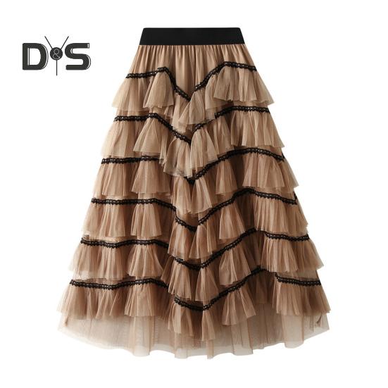 Women Skirt High Waist A line Big Swing Ruffle Contrast Color Scattered Hem Pleated Patchwork Princess Style Elastic Waist Ankle Length Maxi Skirt