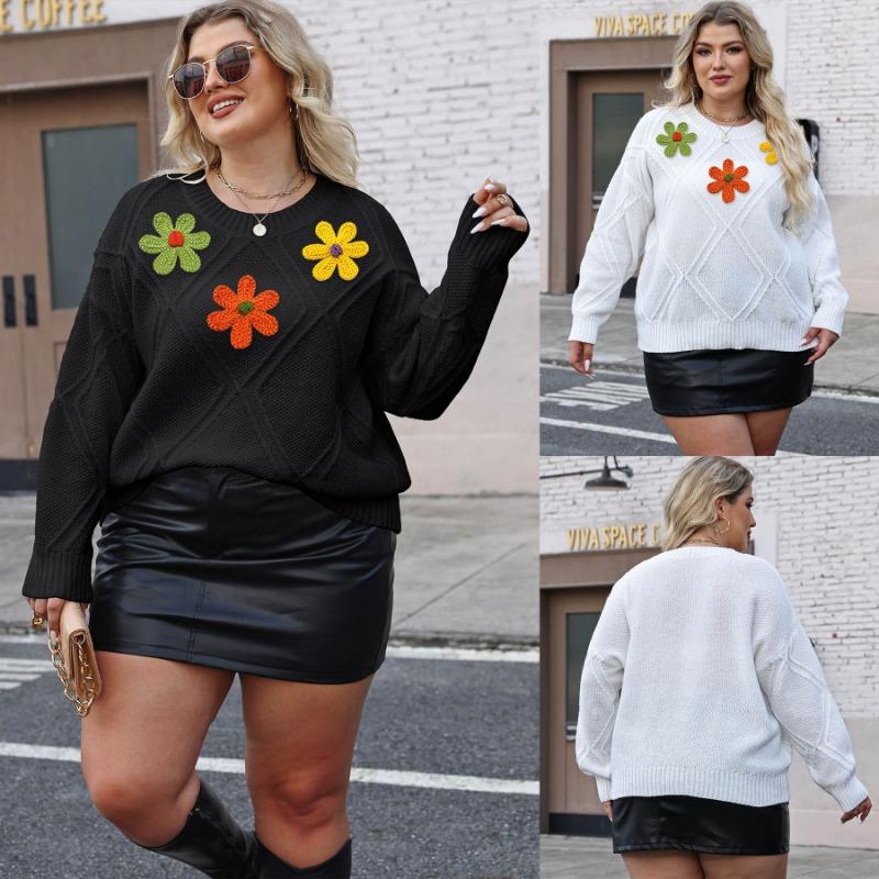 European American Women's Clothing Embroidered Flowers Splicing Three-dimensional Decorative Wool Knitted Top Pullover Sweater