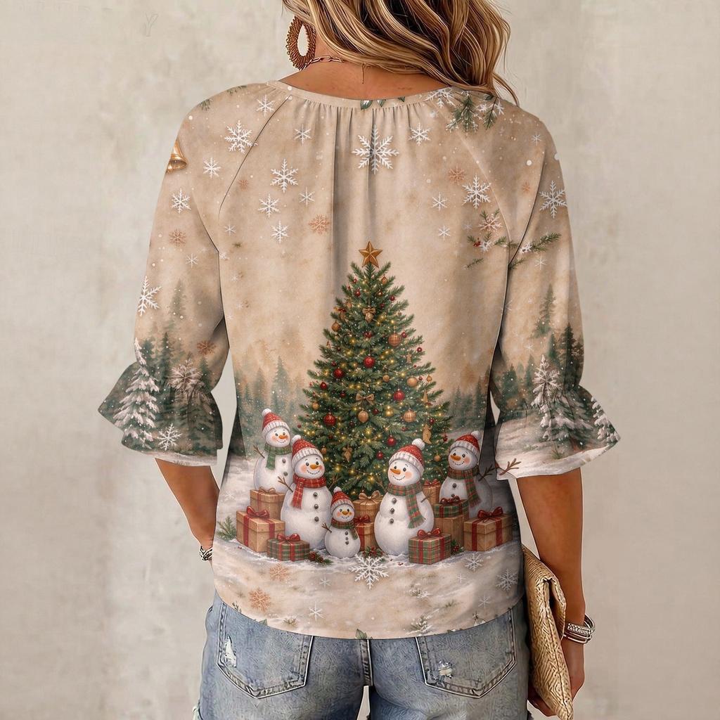 Women's Fashion Crew Neck Tie Christmas Print Ruffle 3/4 Sleeve Top