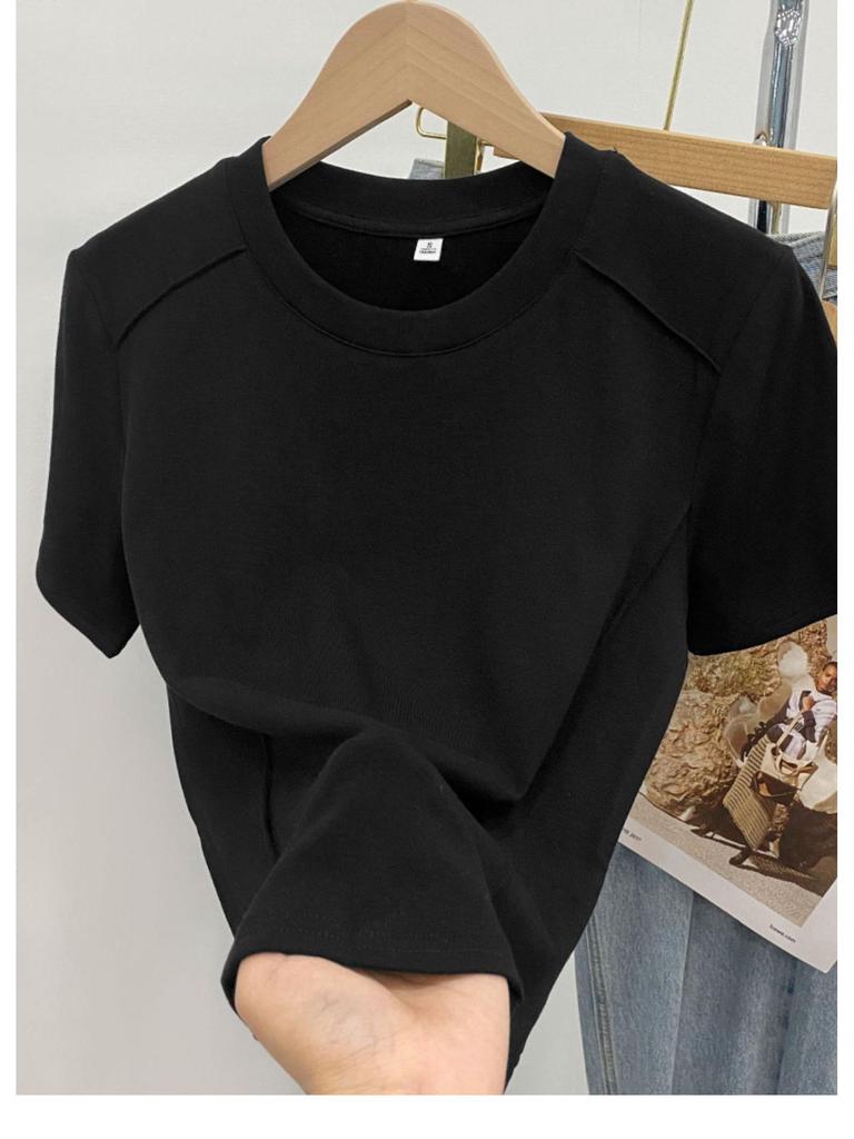 T-shirt Feminina de Verão 2025 de Algodão Puro com Ombro Reto e Bainha Irregular