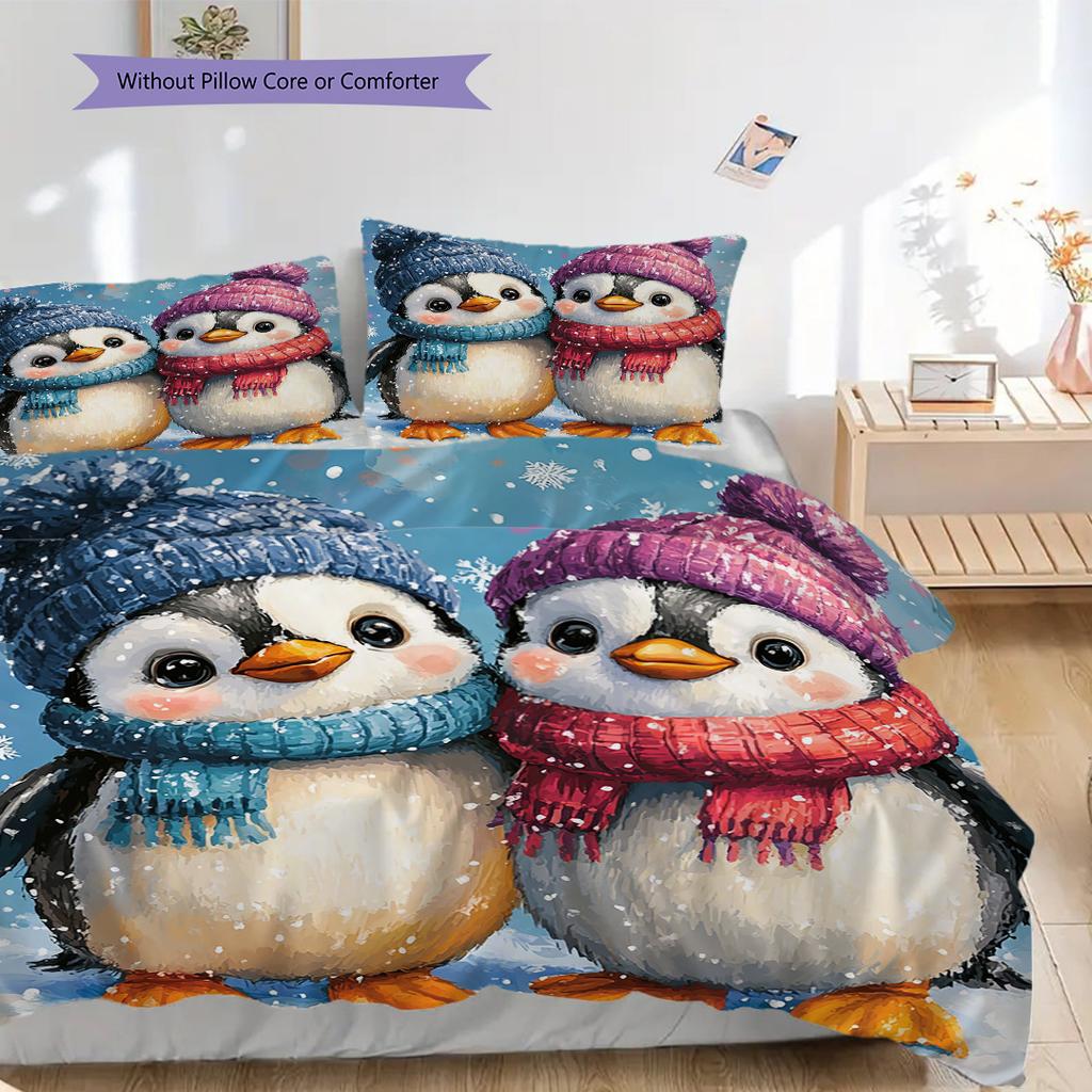Penguin Pattern Bedding Quilt Set Quilt Cover Pillowcase Home Decoration Birthday Gift (1 * duvet cover + 2 * pillowcase, without core)