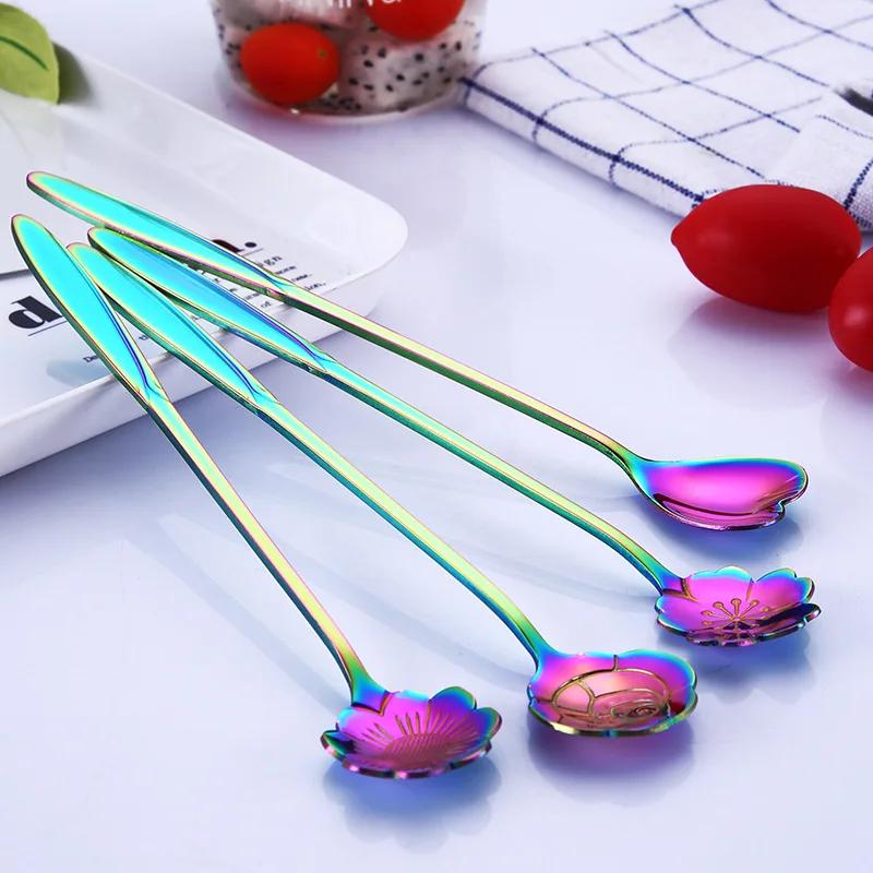 1 Pack Rainbow Flower Ice Spoon Sugar Spoon Tea Coffee Spoon Stirring Kitchen Gadgets Stainless Steel Tabletop Tableware