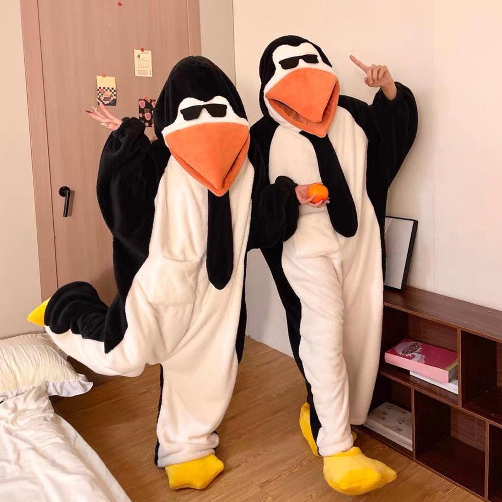 

Penguin Onesie Costume Plush Fleece Pullover Jumpsuit Animal Pajamas Party Cosplay Performance Loungewear with Shoes Included L чёрный