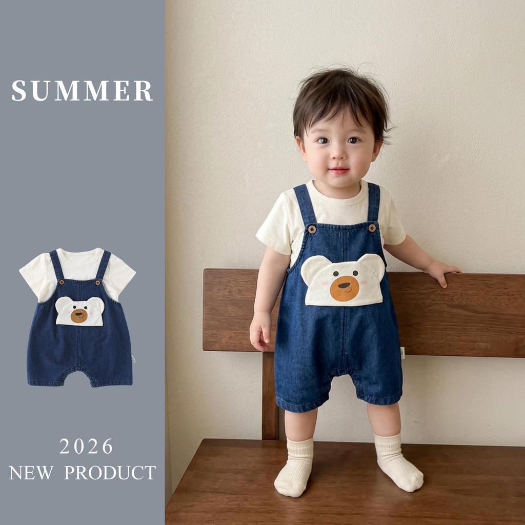 Toddler Boys' Cartoon Denim Overalls & T-Shirt Set - Casual Summer Wear