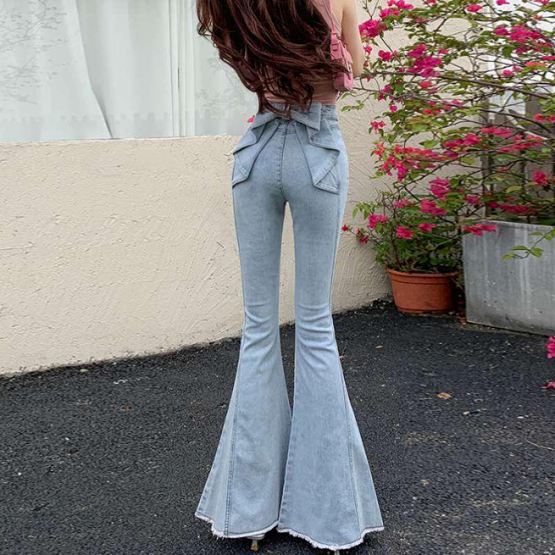3D Bowknot Denim Pants - Women's High Waist European Style Slim Bell Bottoms for Summer