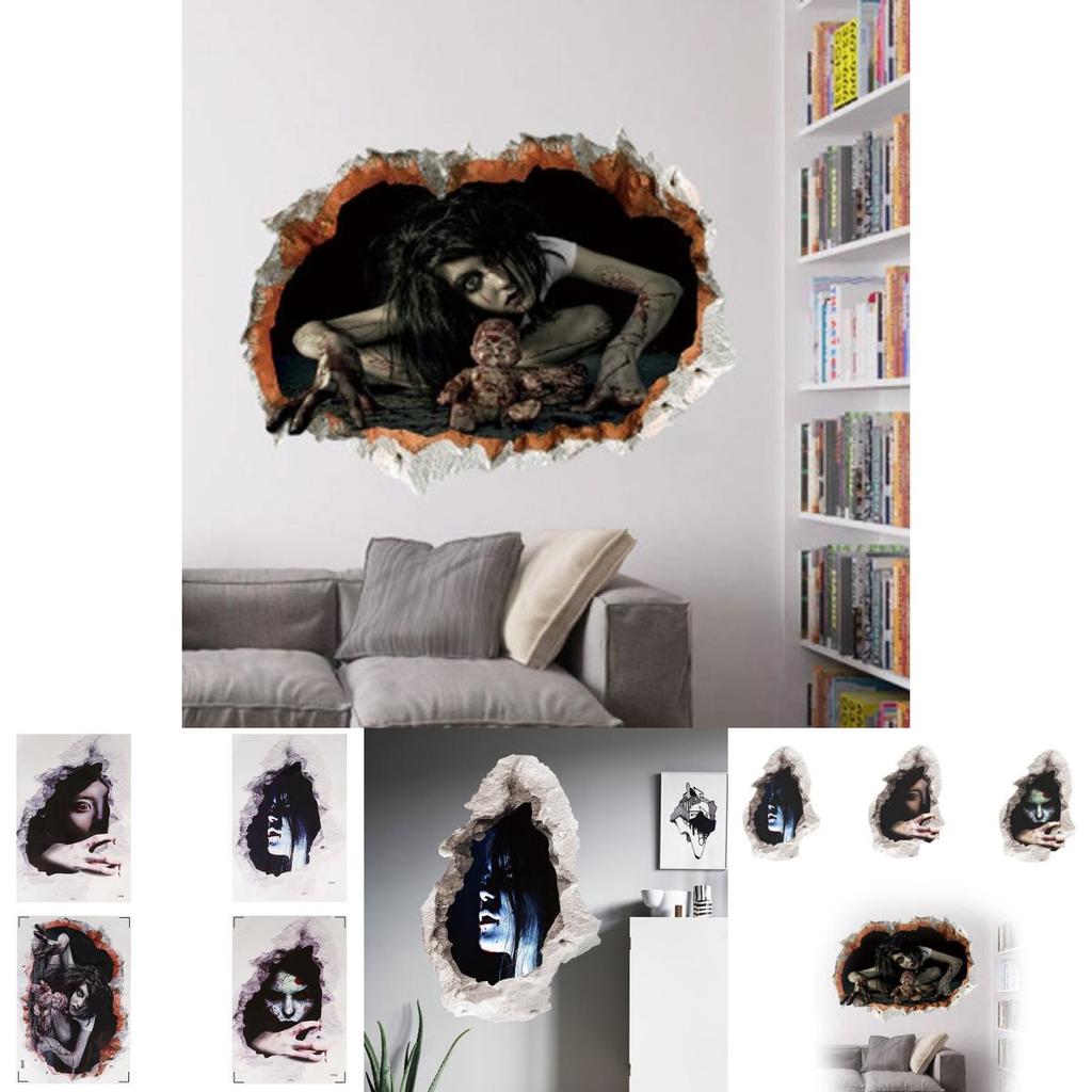 3d Realistic Horrifying Halloween Wall Breakthrough Ghost Girl Wall Sticker Removable Pvc Decor For Living Room And Hallway