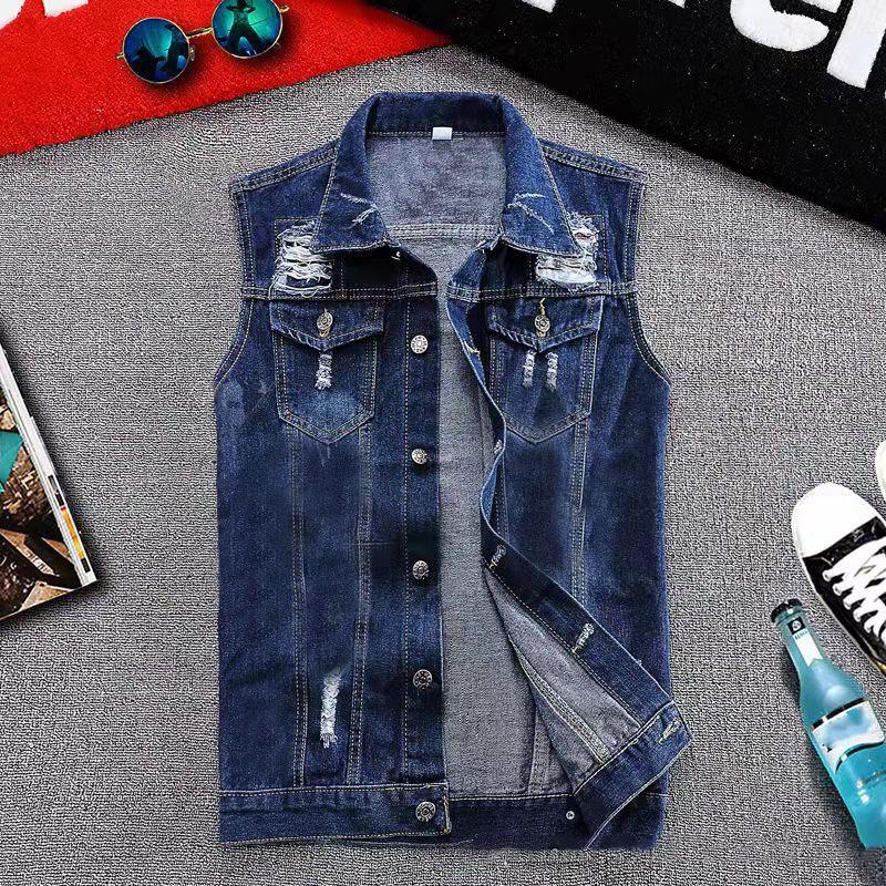 Hongkongský styl Retro džínová vesta Pánská mládežnická volná ležérní vesta bez rukávů vesta bunda
