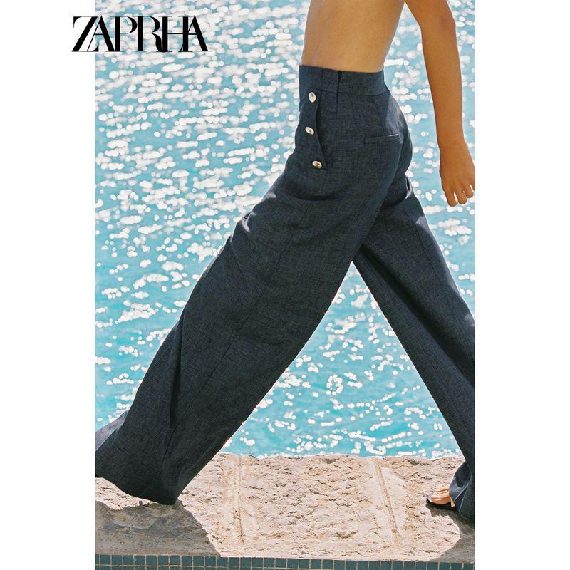 Zaprha2025 Summer New Linen Blend Button Decoration High Waist Drape Wide Leg Casual Trousers 7935785