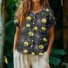 Women Henley Neck Short Sleeve Button Front Shirt Halloween Pumpkin Print Casual Top Lightweight Breathable Fabric