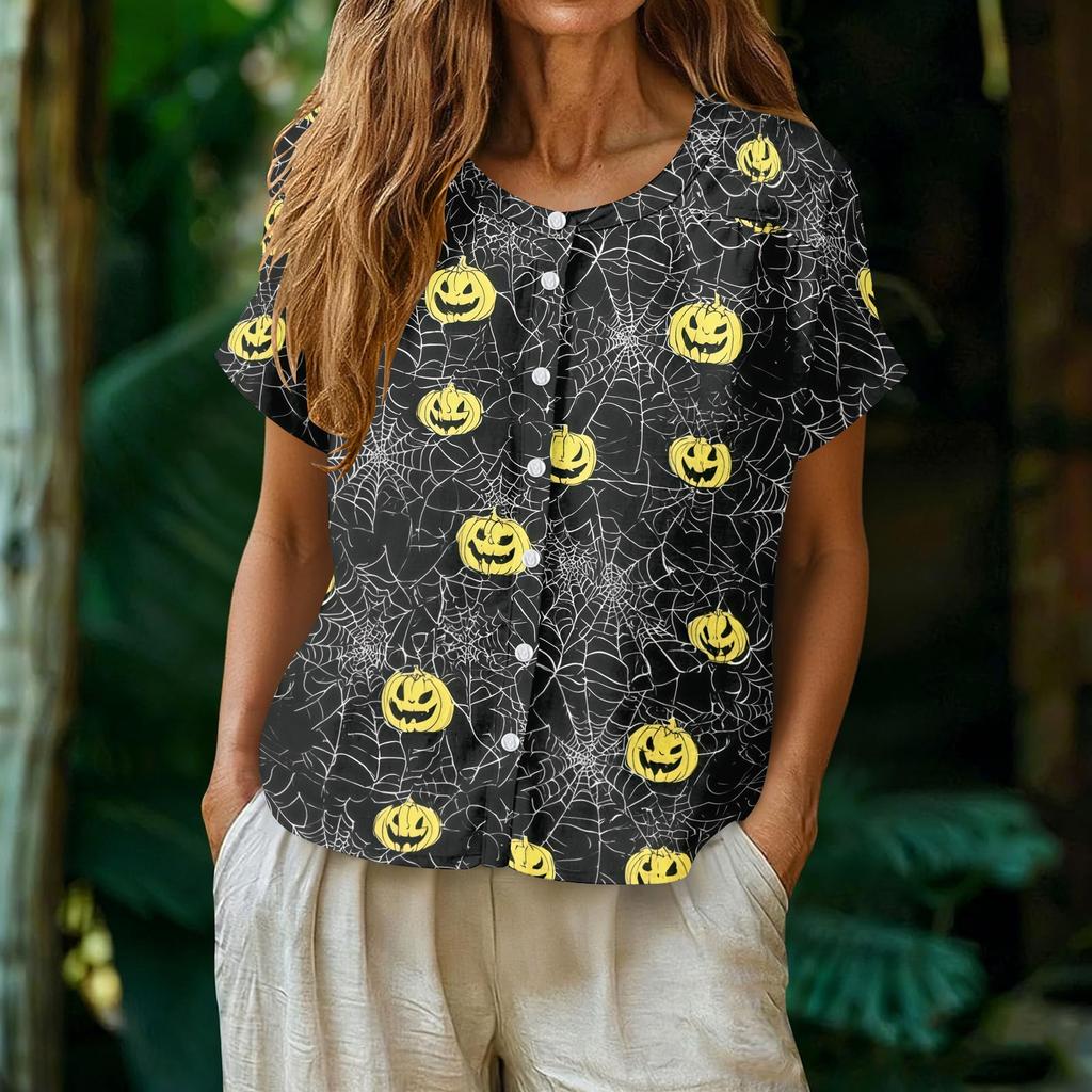 Women Henley Neck Short Sleeve Button Front Shirt Halloween Pumpkin Print Casual Top Lightweight Breathable Fabric