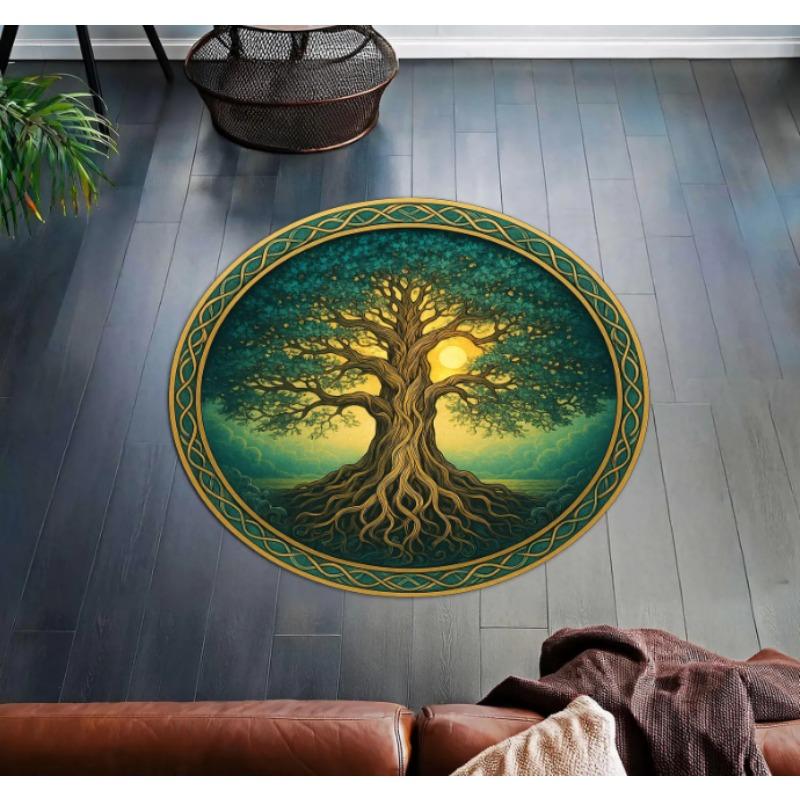 Round Tree of Life Rug Golden Moon Celtic Root Rug Mystical Nature-Inspired Circular Rug for Boho Wicca or Earthy Home Decor
