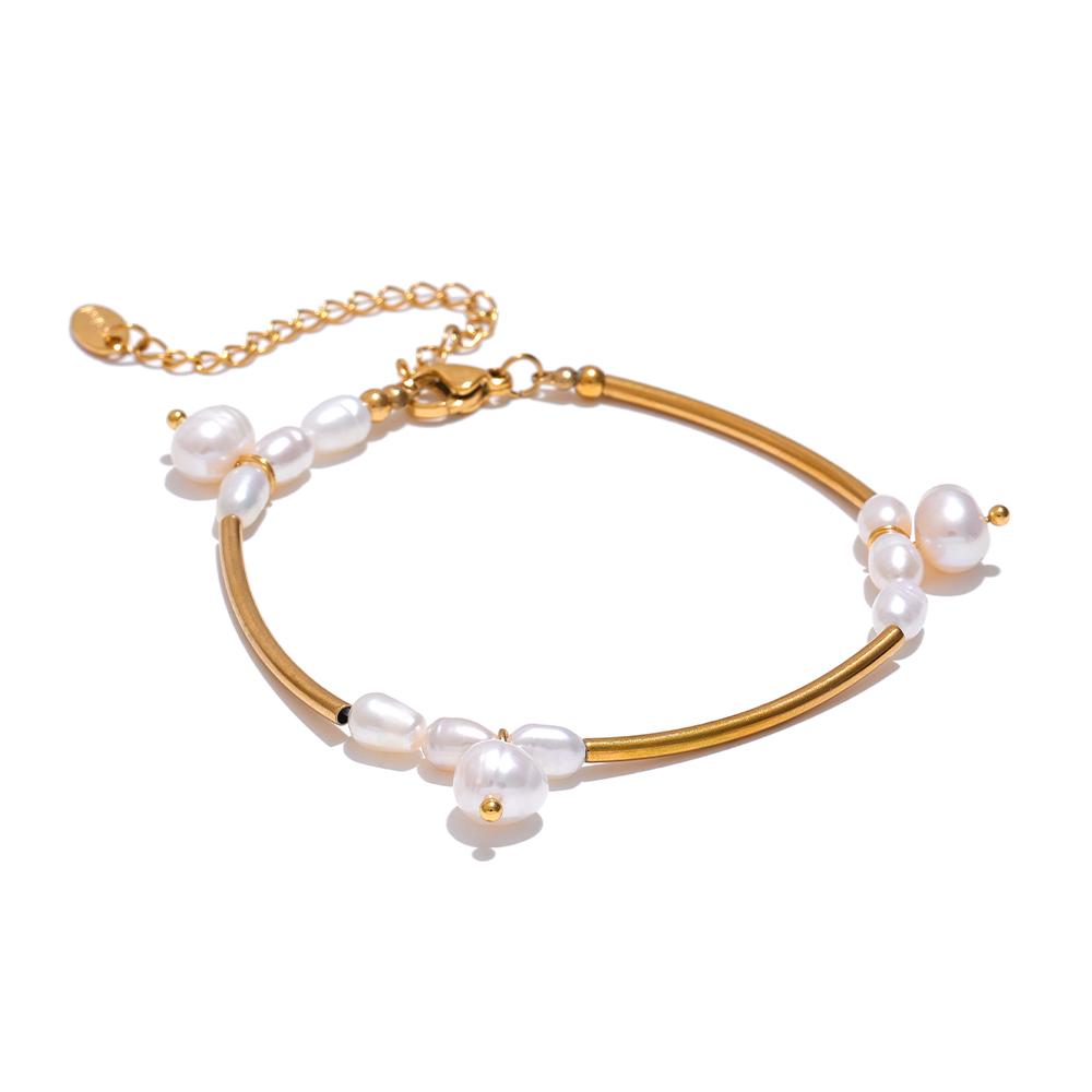 

Yhpup Natural Freshwater Pearls Stainless Steel Pipe Handmade Necklace Bracelet Gold Color PVD Plated Fashion Jewelry Bijoux