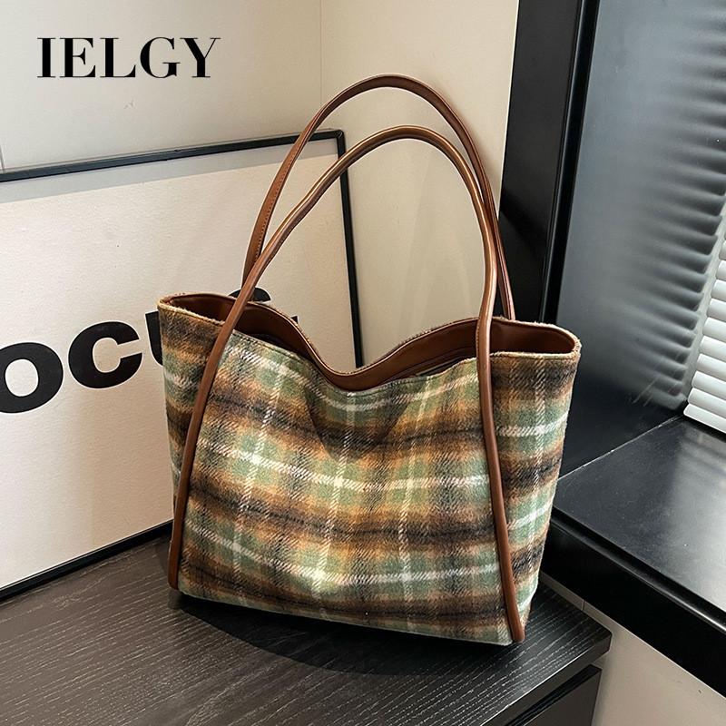 Ielgy Woolen Plaid Large-Capacity Tote Bag All-Match Casual One-Shoulder Class Com