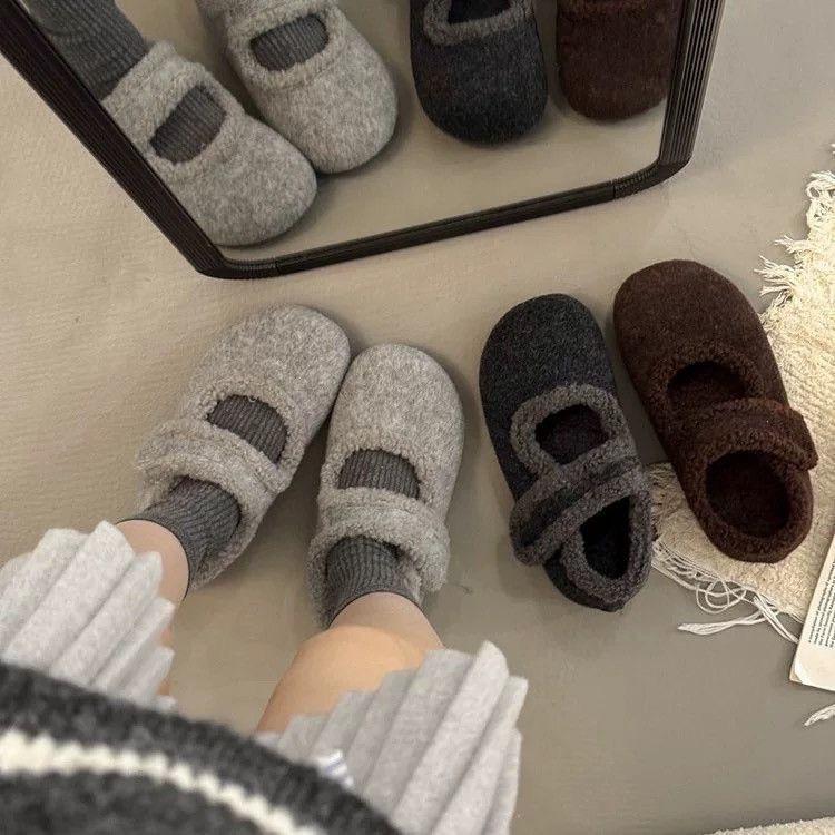 Cotton Shoes Women's Mary Jane Shoes Inner Height Increase Thick Sole Season Single Birkenstocks Elegant Women's Shoes Thin Fluffy Shoes Velvet