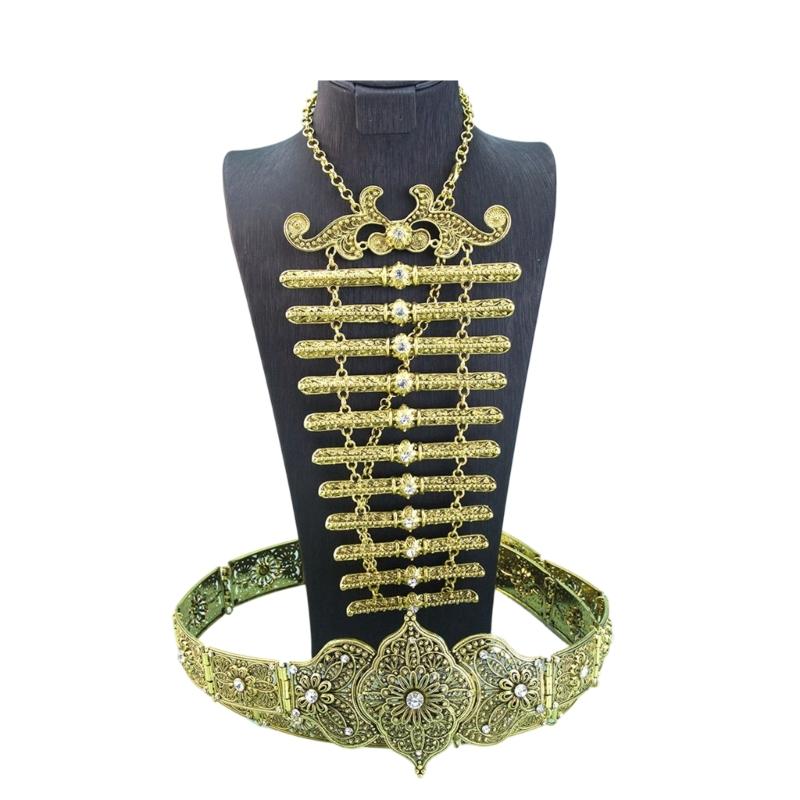 Waist Belt and Chest Jewelry Set for Women, Ornate Filigree Zinc Alloy Costume Accessories for Stage and Ceremony