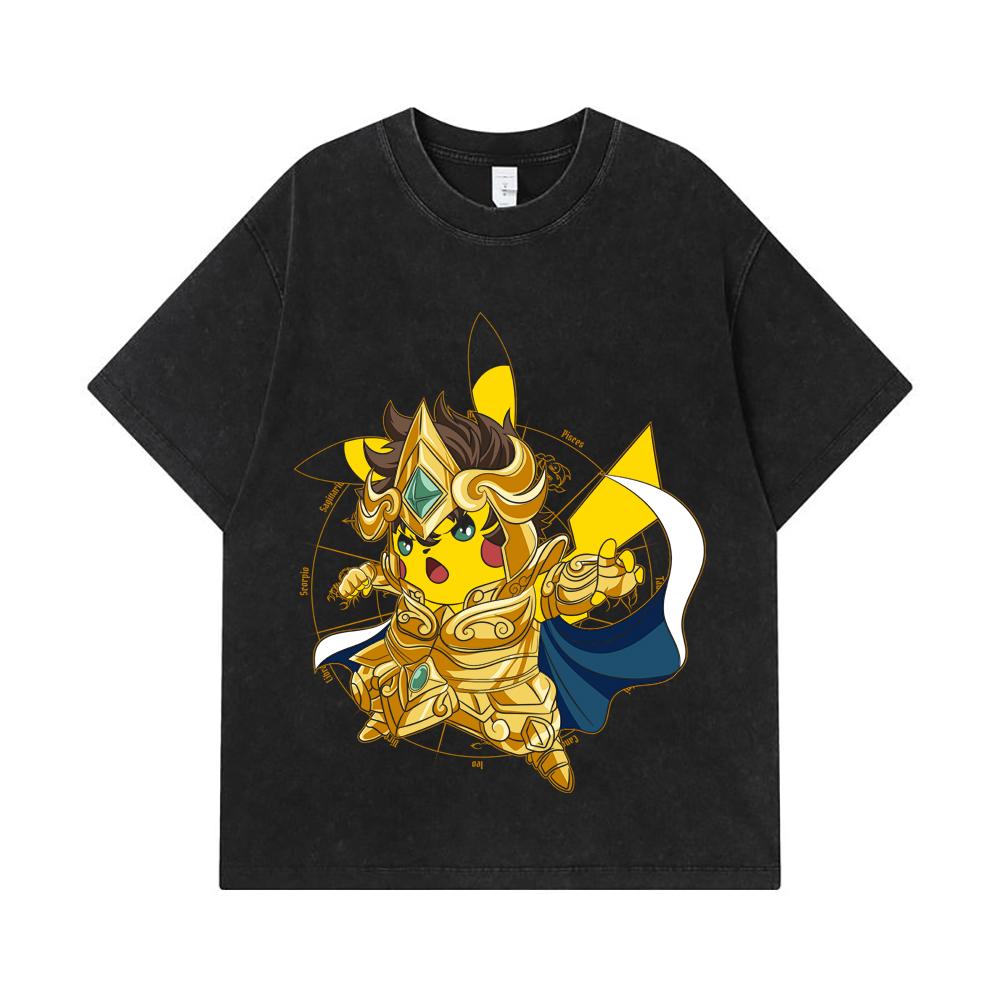 275 GSM Washed T-shirts 100% Cotton Pokemon V25 Pikachu Leo Print Unisex Heavy Cotton T Shirt