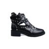 Fashion Fashion Rivets Black Ankle Women Boots Faux Leather Booties Metal Buckle Straps Square Heel Studded Woman Boots Motorcycle Shoes