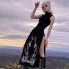 Gothic Print Midi Dress For Women Summer Turtleneck Dark Academia Fashion Long Dress Harajuku Sleeveless Black Dresses
