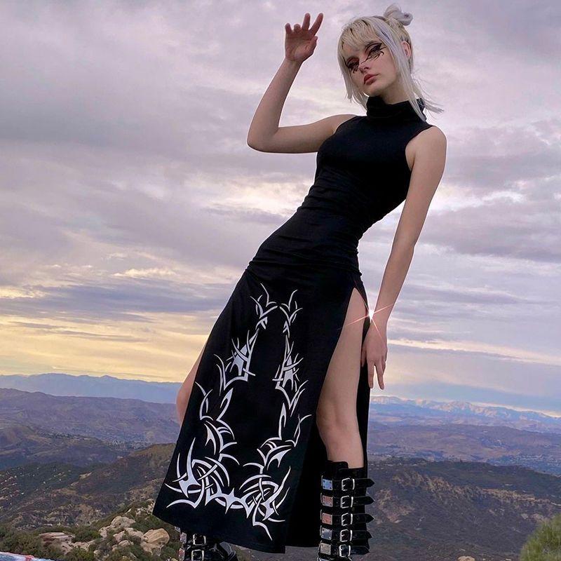 Gothic Print Midi Dress For Women Summer Turtleneck Dark Academia Fashion Long Dress Harajuku Sleeveless Black Dresses