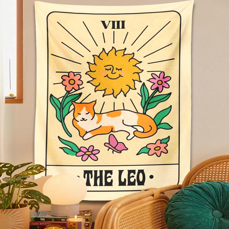 The Leo Tarot Tapestry Wall Hanging Wall Hanging Cute Cat Sun And Moon Psychedelic Constellation Witchcraft Hippie Home Decor