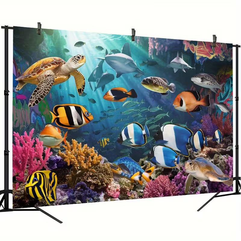 2D Aquarium Style Tapestry, Underwater World with Sea Turtle, Shark and Coral Reef Wall Art