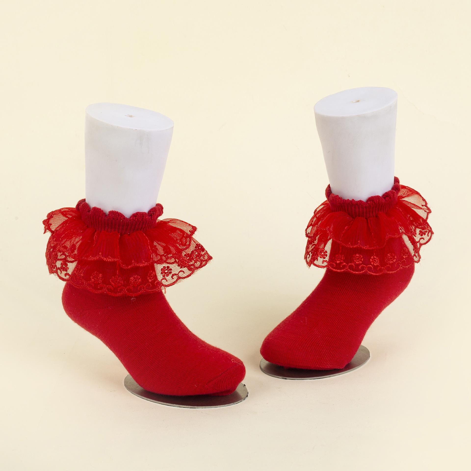 Girls Breathable Lace Princess Socks - Double-Layer Cotton, High Elasticity, Non-Stuffy Dance Socks M (4-6 years) красный