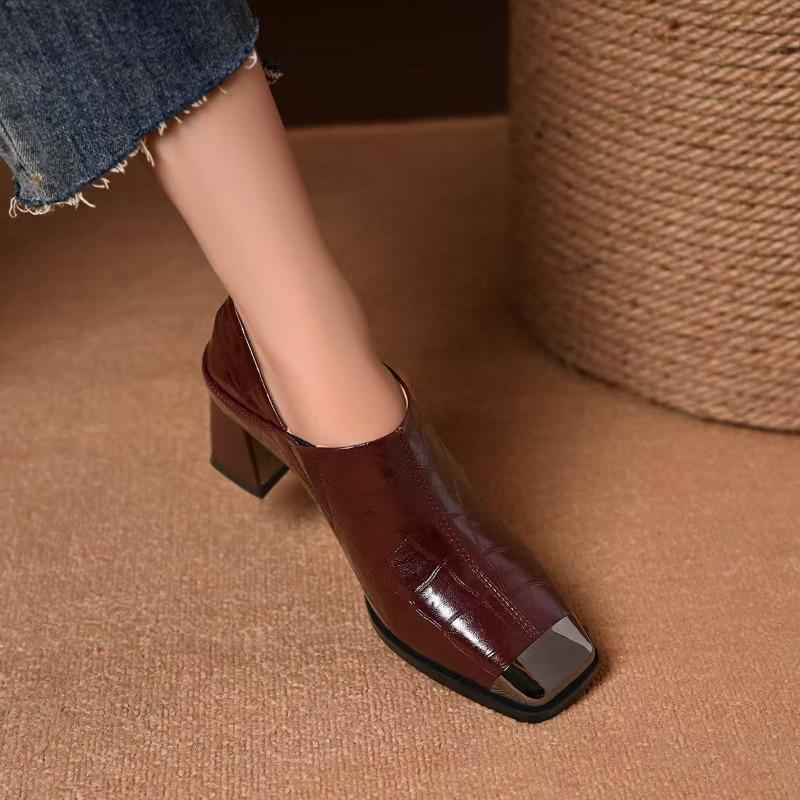 Metal Square Toe Block Heel Single Boots Women's Fashion Rear Zip Anti-Slip Wear-Resistant Short Shoe