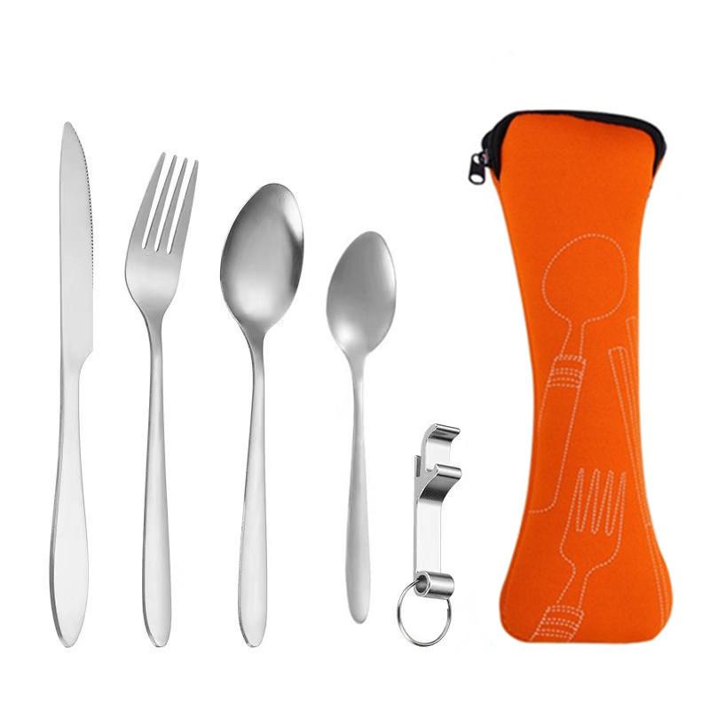 Tragbares Edelstahl-Besteckset - 5-teiliges Reisebesteck mit Messer, Gabel, Löffel und kleinem Löffel für Camping & Outdoor
