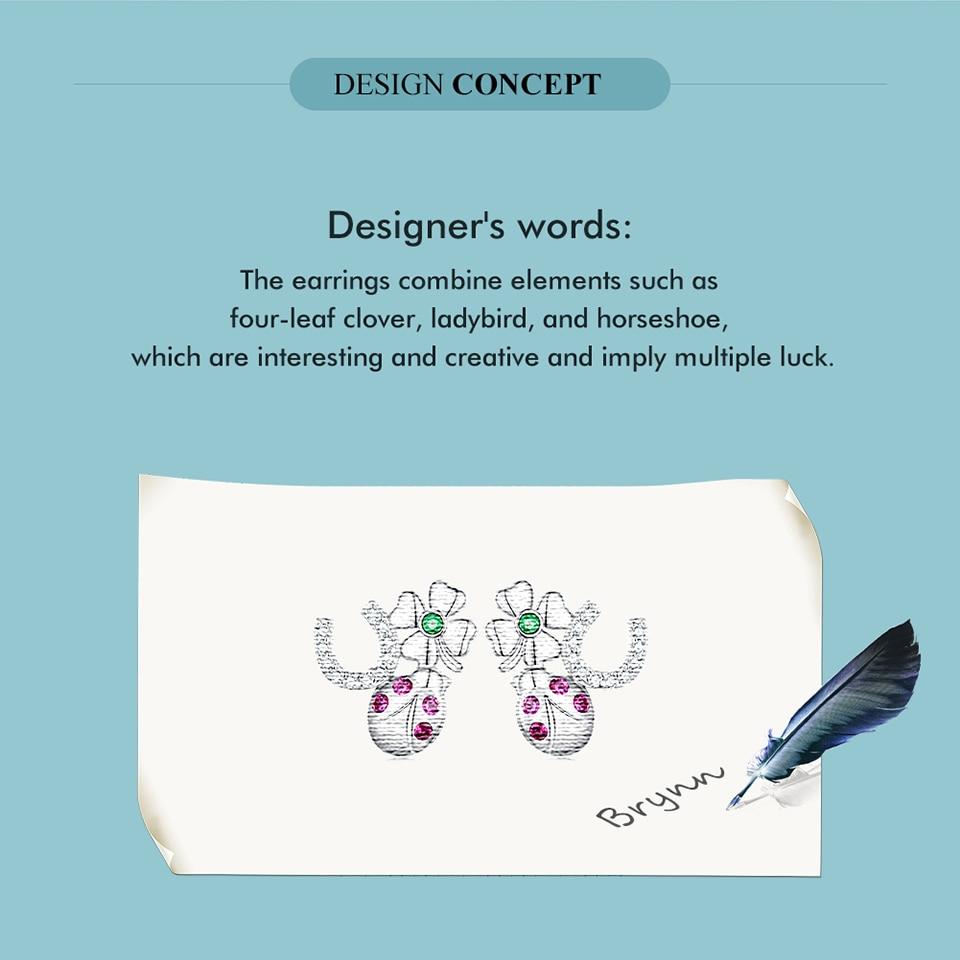 WOSTU 925 Srebro Sterling Wielokolorowe Lucky Four Clover Biedronka Kolczyki Sztyfty Dla Kobiet Piękne Klipsy Do Uszu Biżuteria Prezent Urodzinowy