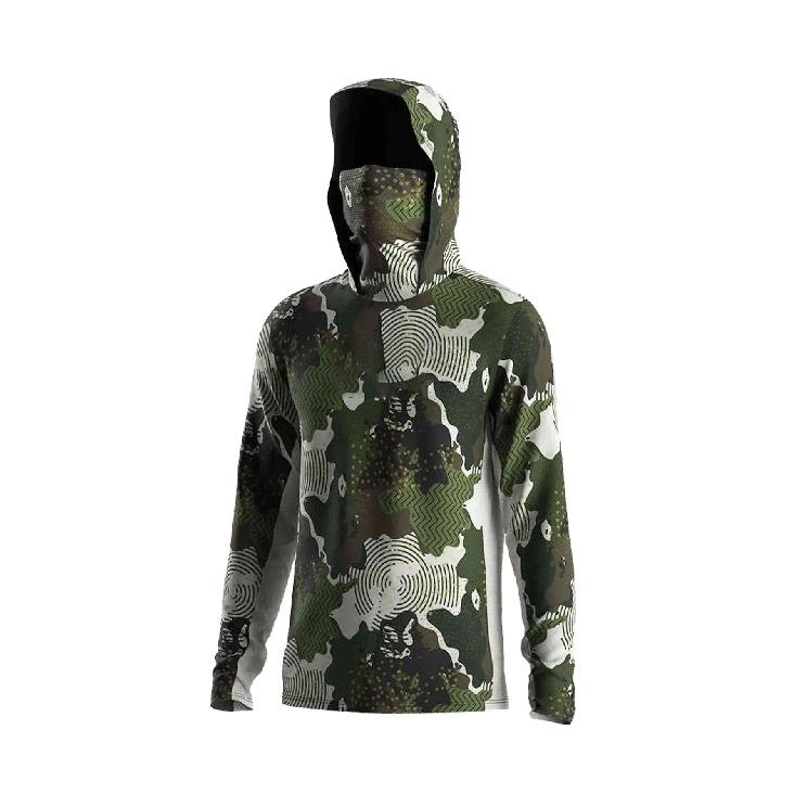 Men Camo Fishing Hoodie UPF50+ Sun Protection Long Sleeve Shirt With Face Mask Quick Dry Outdoor Hunting Fishing Shirts
